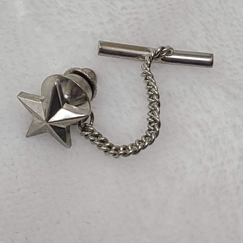 Vintage Silver Star Tie Tack Lapel Pin with Safety Chain and Bar Military Style - Picture 2 of 6